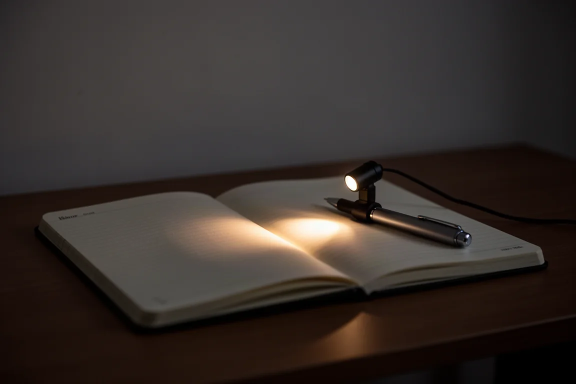 Main écrivant dans un carnet dans une pièce sombre éclairée par une petite lampe de stylo