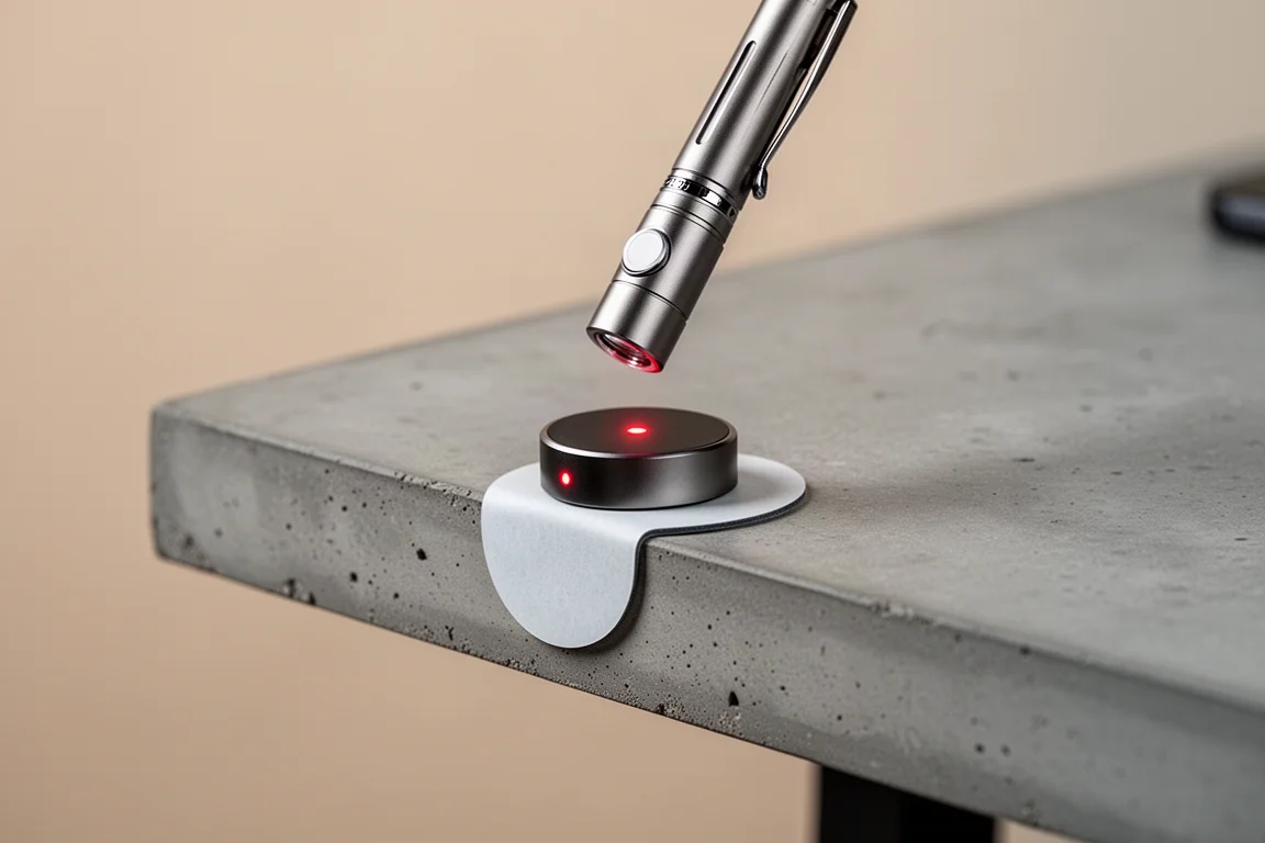 Base de charge magnétique avec fixation par pièce de monnaie sur un bureau à côté d'une lampe EDC