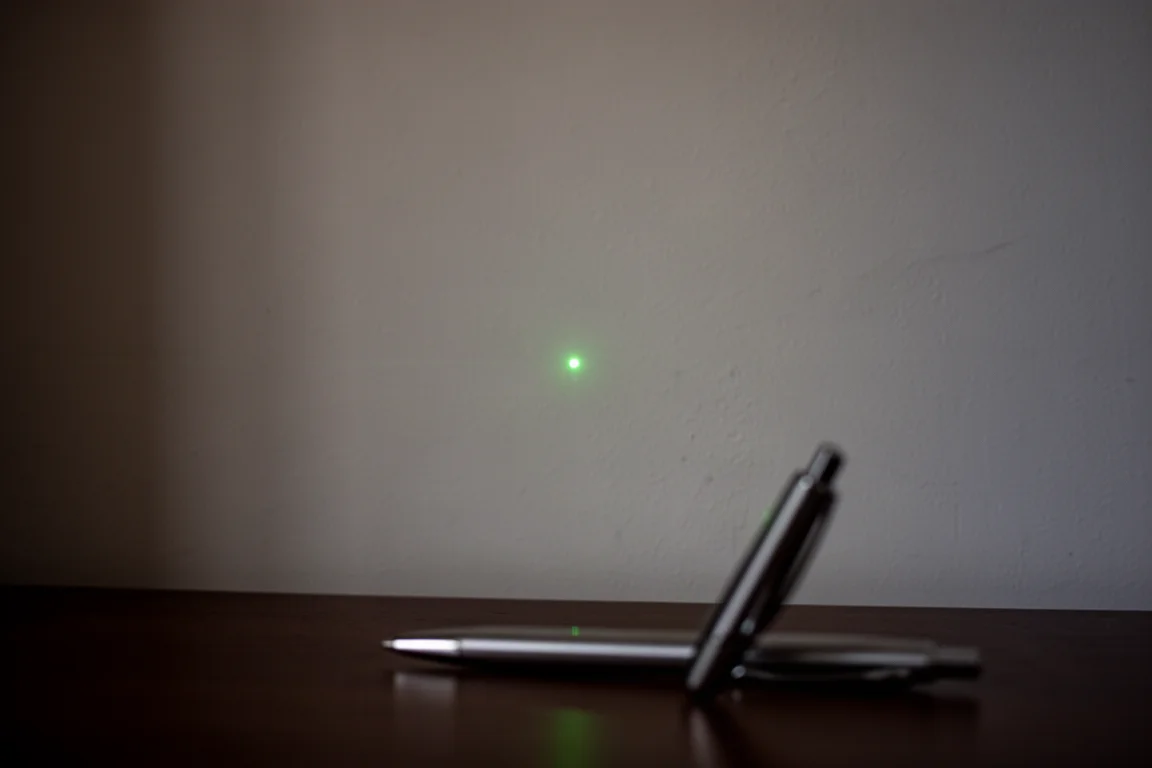 Grön laserprick projicerad på en avlägsen vägg i ett mörkt rum