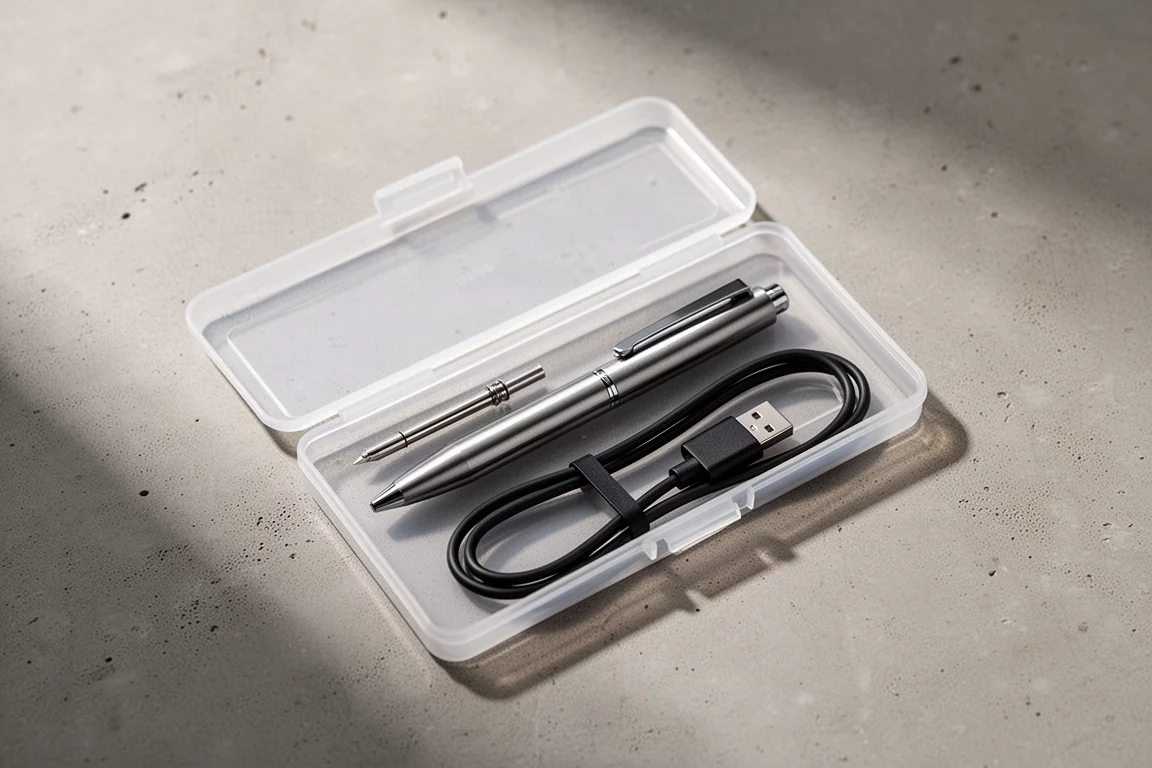 Öppen EDC-förpackning med penna, extra reservpatron och USB-C-kabel