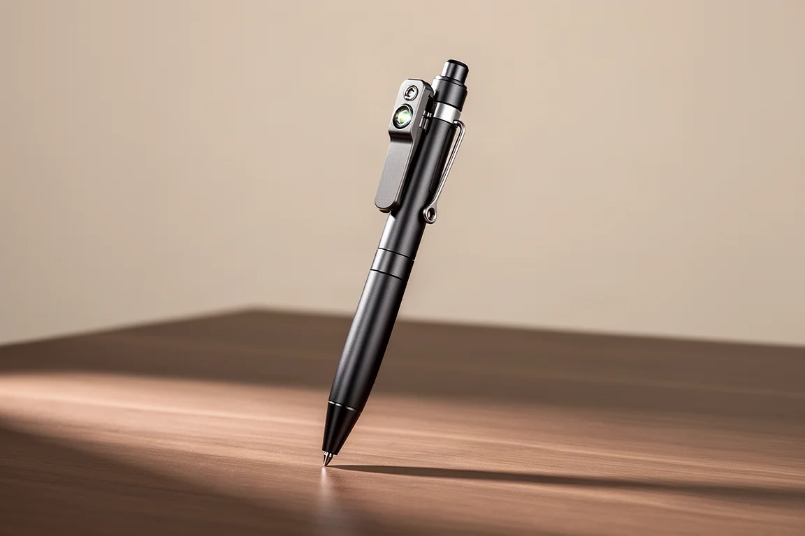 Penna EDC lavorata a macchina con clip LED in piedi su una scrivania di legno