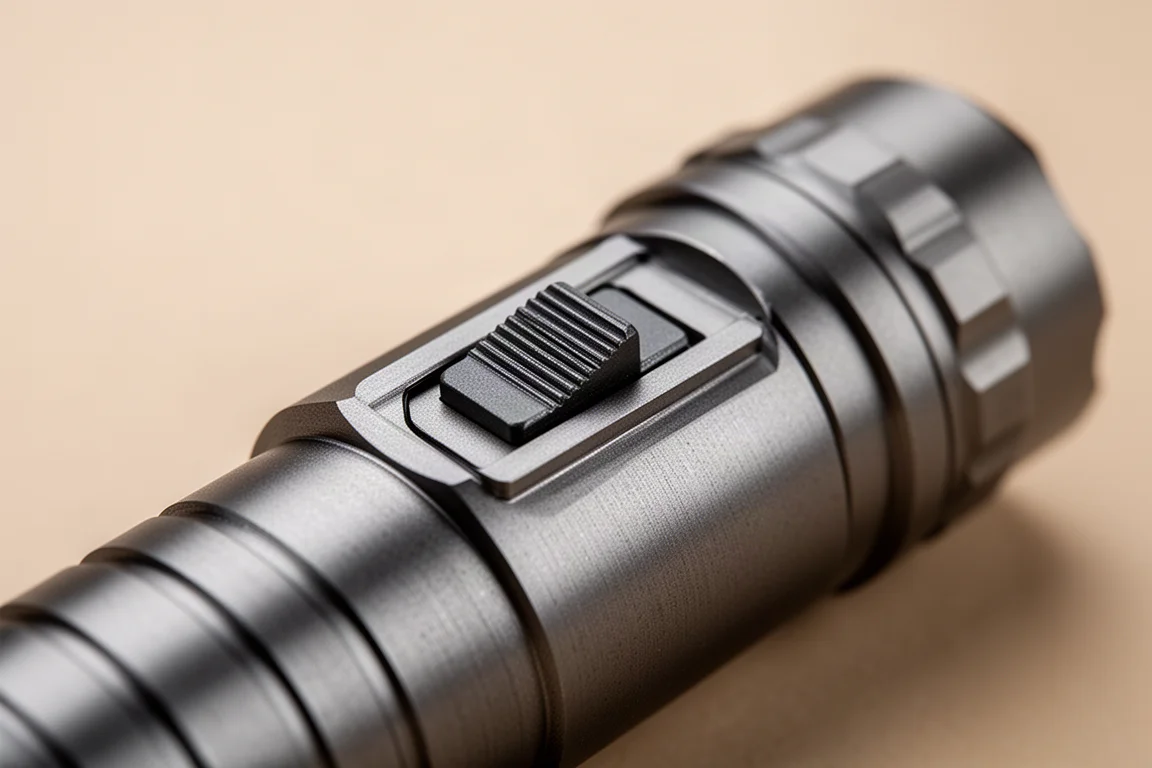 Nahaufnahme eines Bolt-Action-Schaltmechanismus an einer metallenen Stift-Taschenlampe