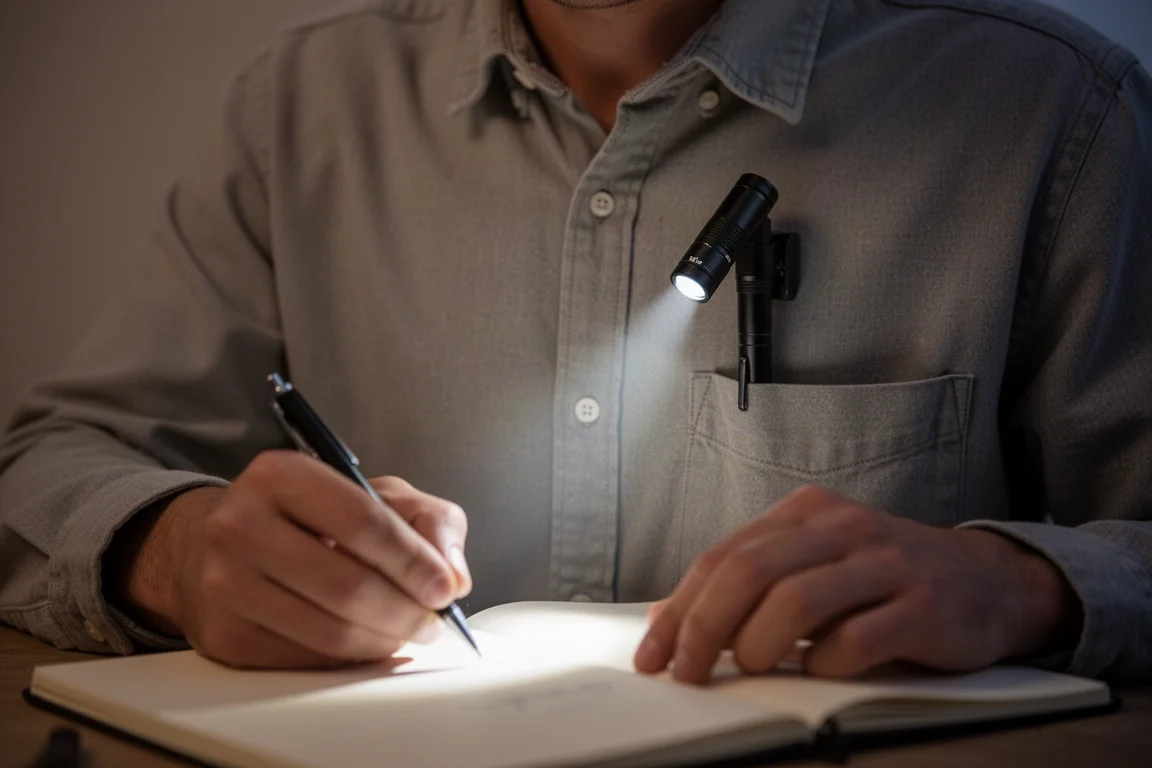 Eine Stift-Taschenlampe am Hemdkragen befestigt beleuchtet eine Seite, auf der geschrieben wird