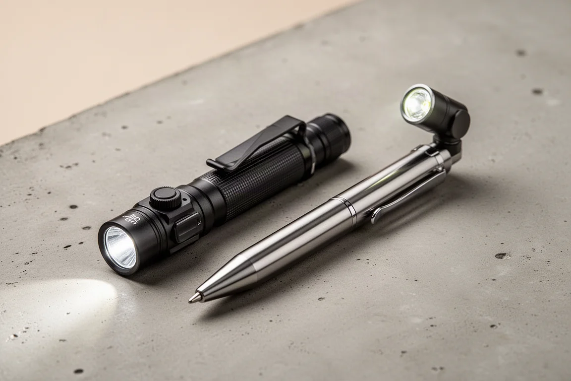 Two pen-style EDC flashlights side by side on a concrete surface