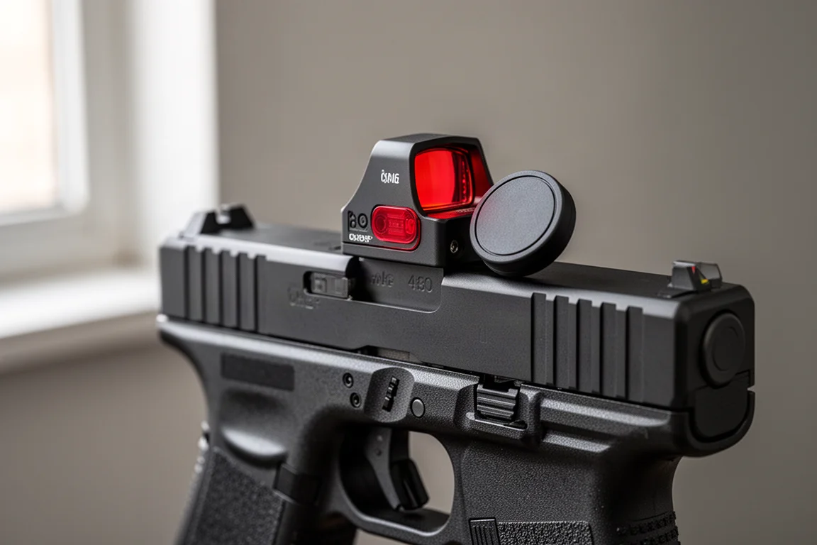 Compact red dot sight mounted on a pistol slide with magnetic charging cover attached