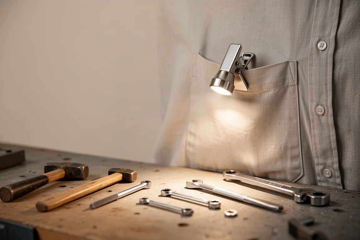Small clip light attached to a shirt pocket casting light downward onto a work surface