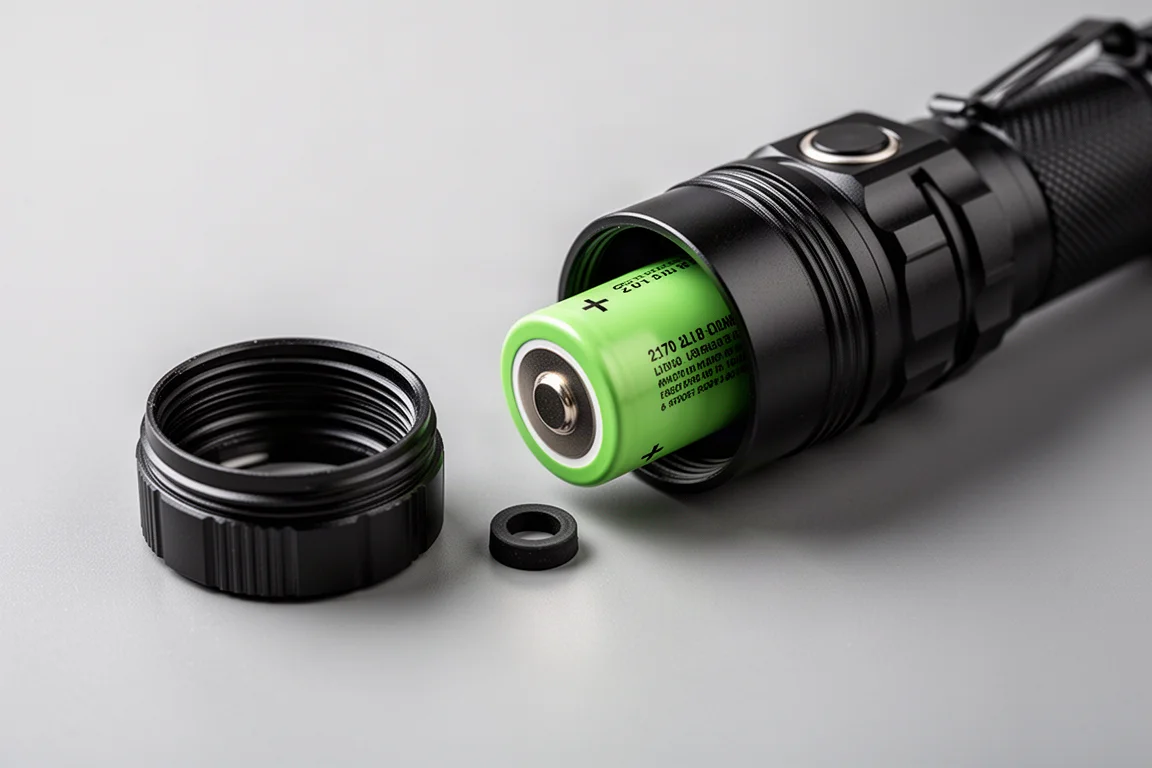 Flashlight tail cap removed showing a 21700 battery cell and rubber sealing grommet