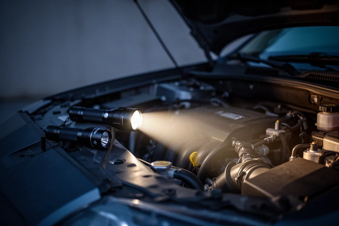Flashlight illuminating a car engine bay at night from an open truck tailgate