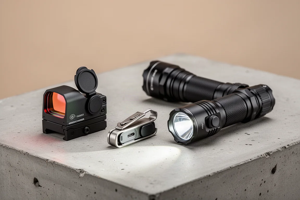 Three Olight EDC products on a concrete surface: red dot sight, clip light, and flashlight
