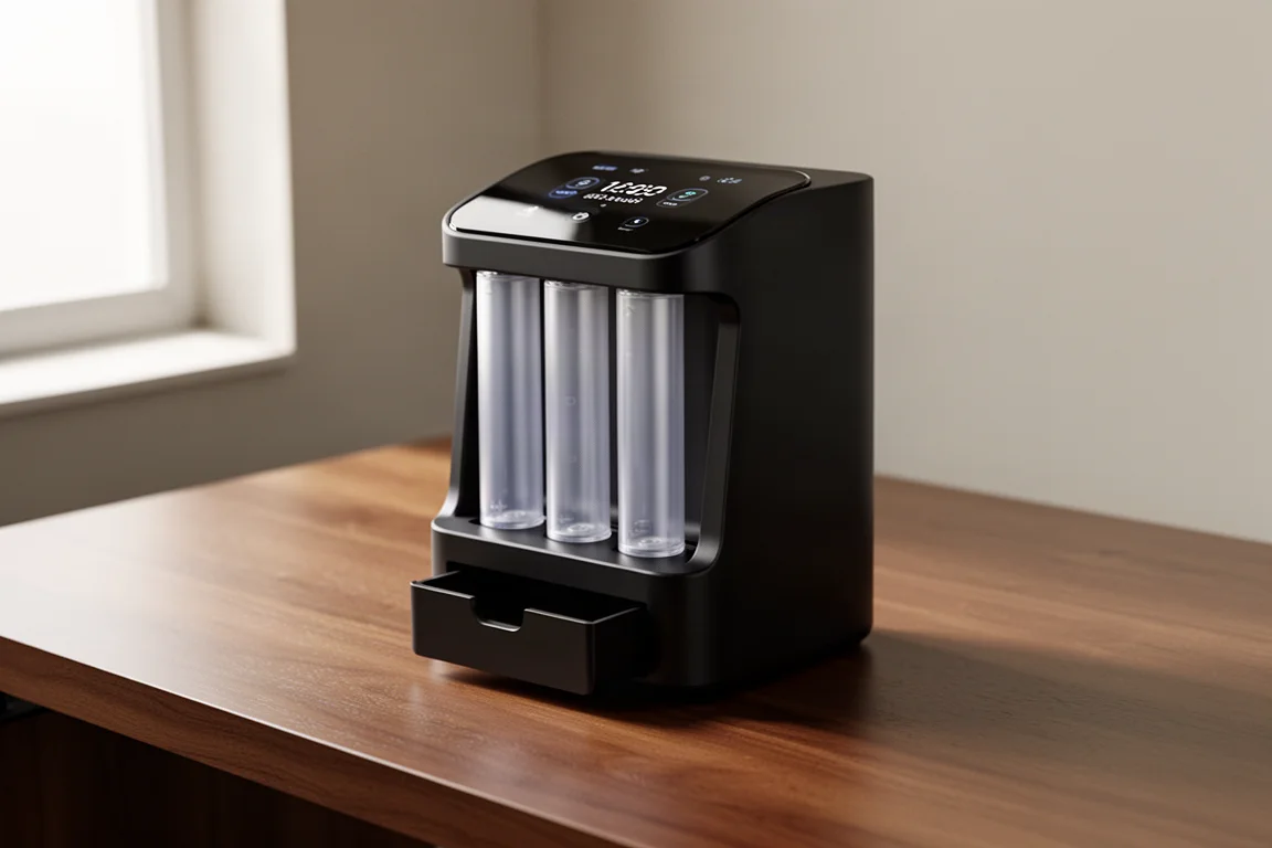 Compact black battery hub with touchscreen and battery columns on a desk