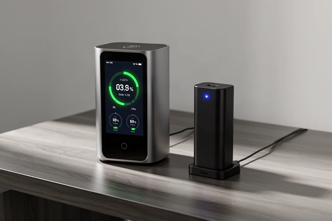 La torre Olight Ostation Pro con touchscreen accanto al caricabatterie Ostation X più sottile su una scrivania in legno