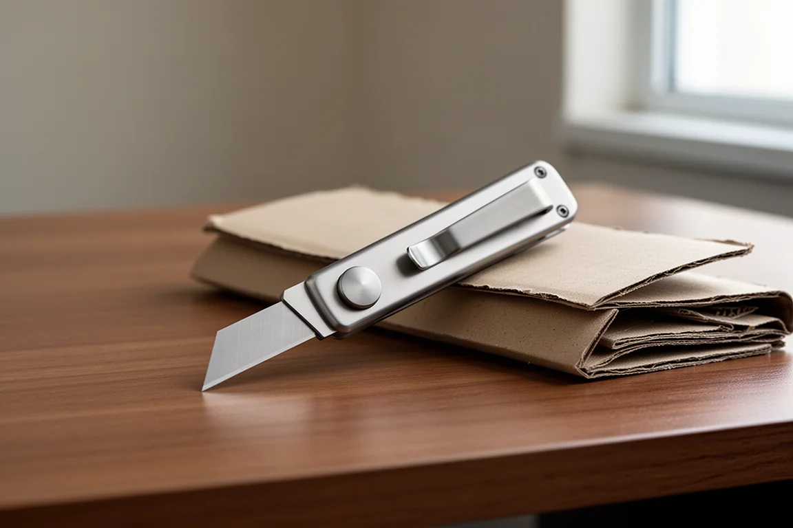 Cuchillo utilitario de titanio delgado sobre un escritorio de madera con el clip de bolsillo visible