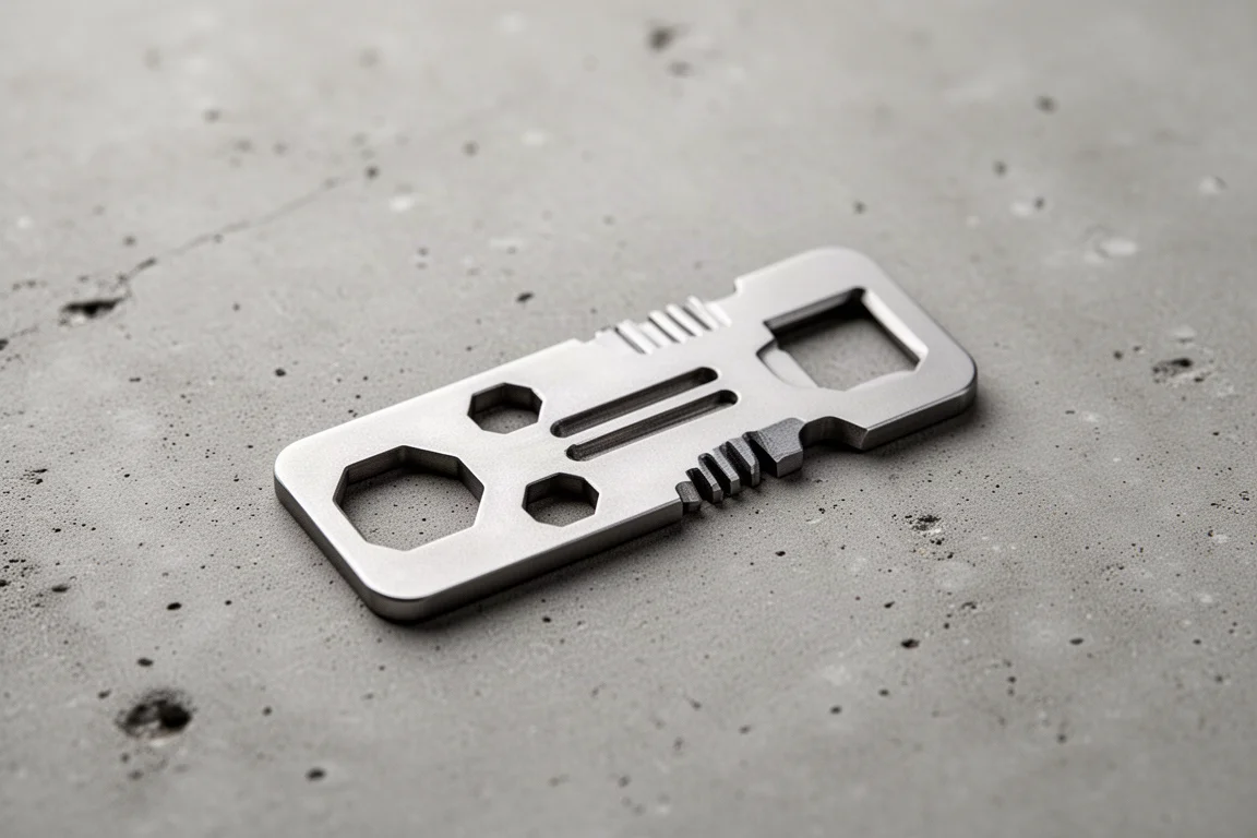 Placa multitool pequeña de titanio con cortes hexagonales sobre hormigón
