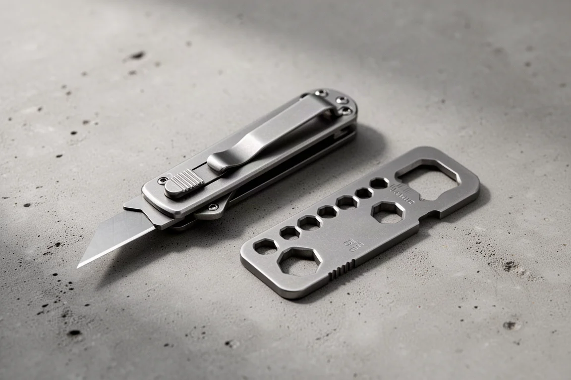 Titanium utility knife and slim multi-tool plate on a concrete surface