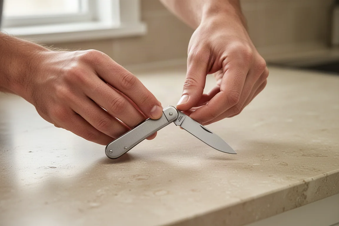 Mani che aprono una piccola coltellina slip joint su un piano di lavoro della cucina