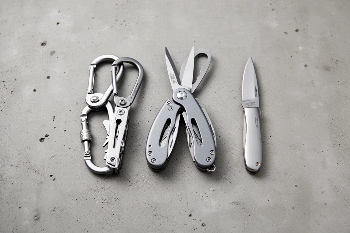 Strumenti everyday carry disposti su una superficie di cemento