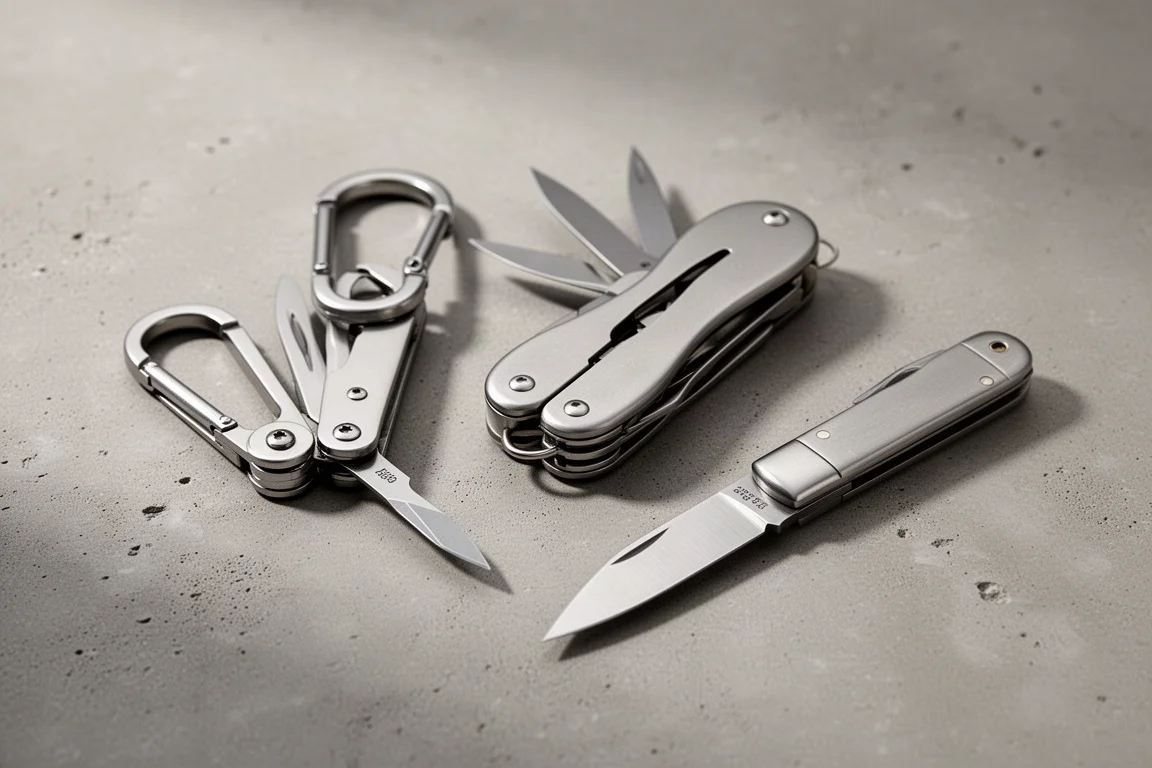 Due multi-tool Olight e una piccola coltellina da tasca Fällkniven disposti su una superficie di cemento