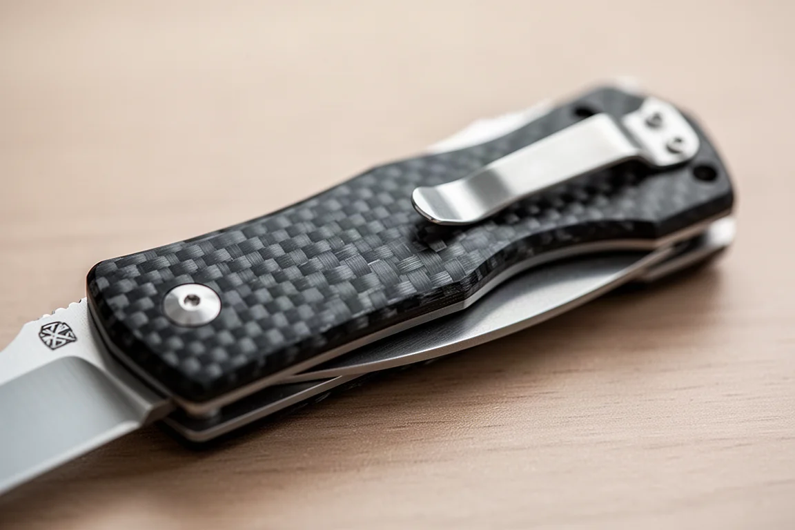 Carbon fiber textured handle of a compact utility knife on a wooden desk