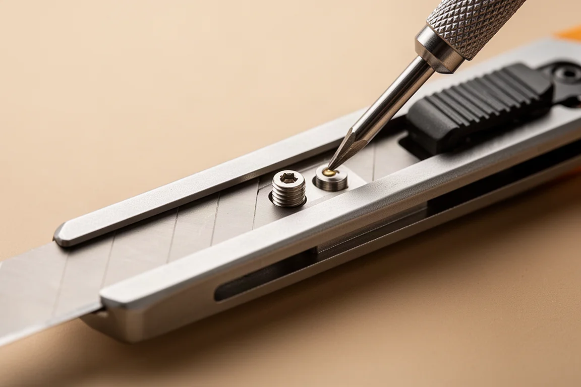 Blade set screw being tightened on a utility knife rail lock system