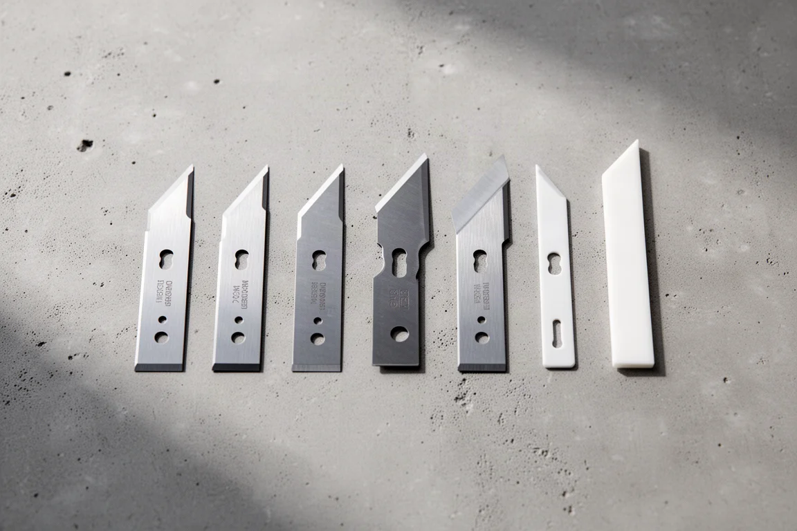 Assortment of utility knife blades laid out on a concrete surface