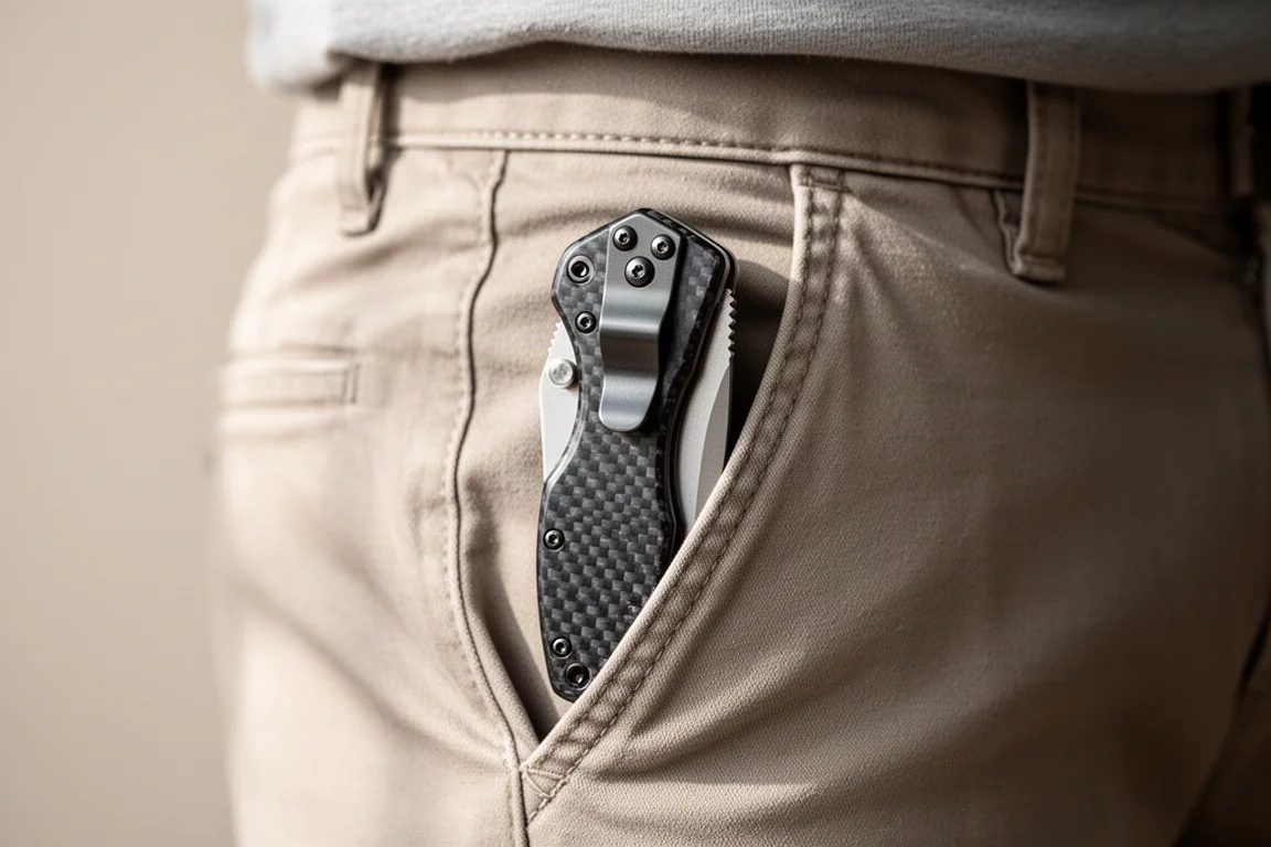 Closed utility knife clipped to a trouser pocket in soft daylight
