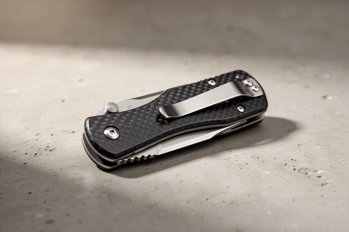Coltello multiuso in fibra di carbonio chiuso con clip in acciaio inox su superficie di cemento