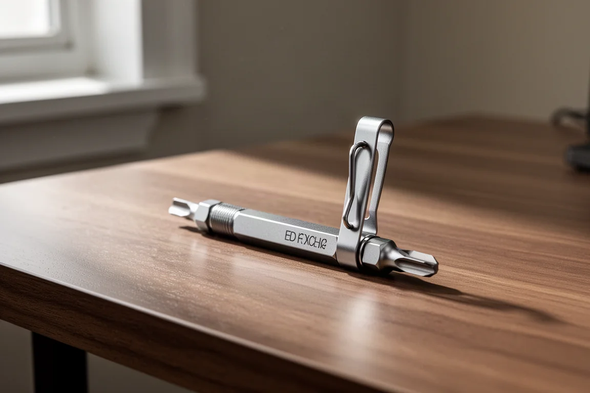 Slim EDC bit driver lying on a desk with pocket clip visible