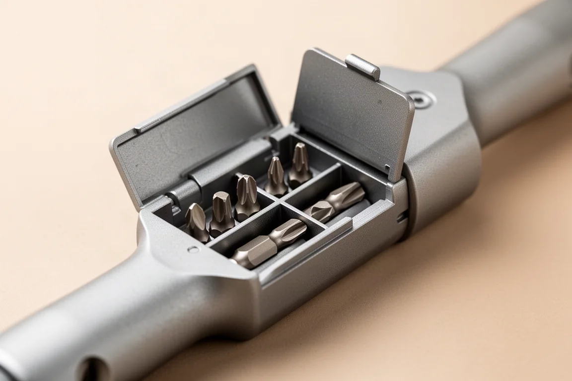Sliding gate of a bit driver open, showing four double-sided bits inside
