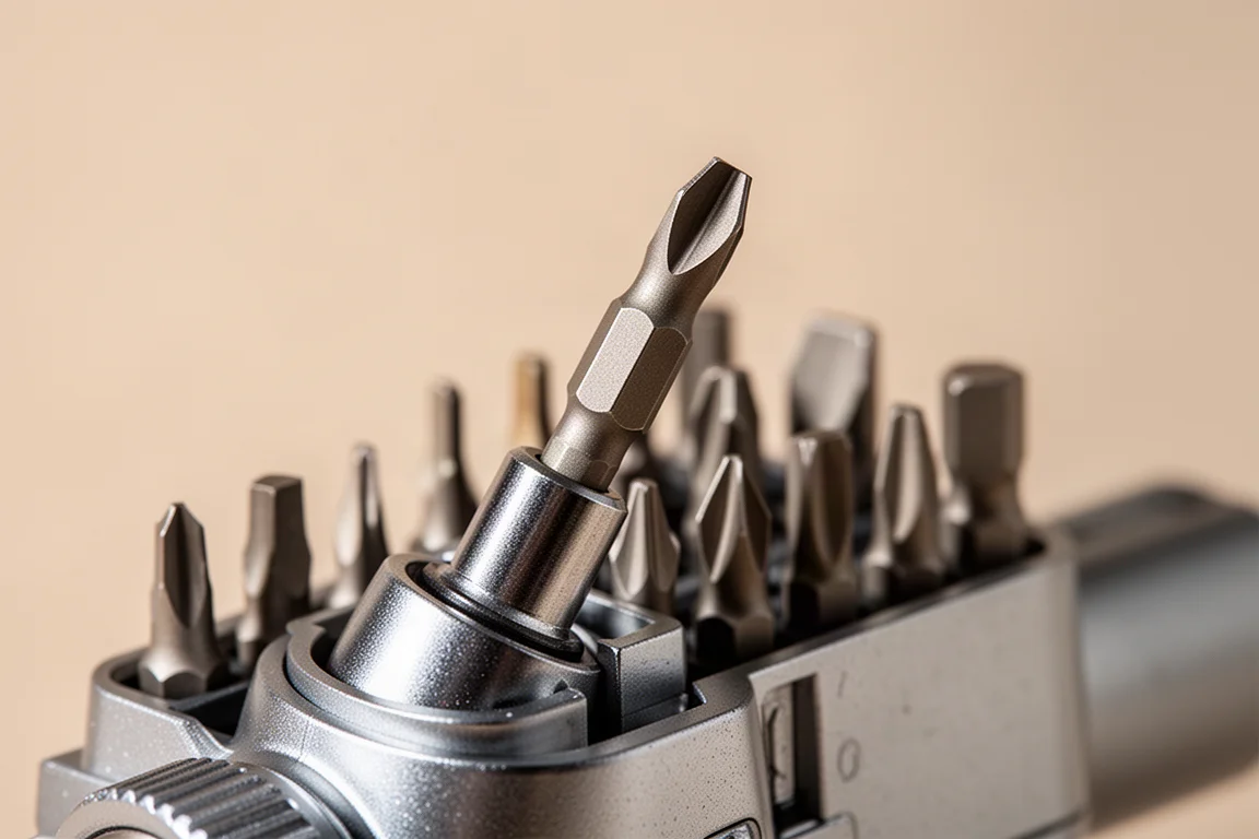 Double-sided bit being lifted out of a bit driver bay with a fingertip