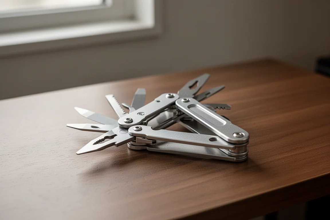 Multi-outils pliant compact ouvert sur un bureau en bois sous une lumière douce