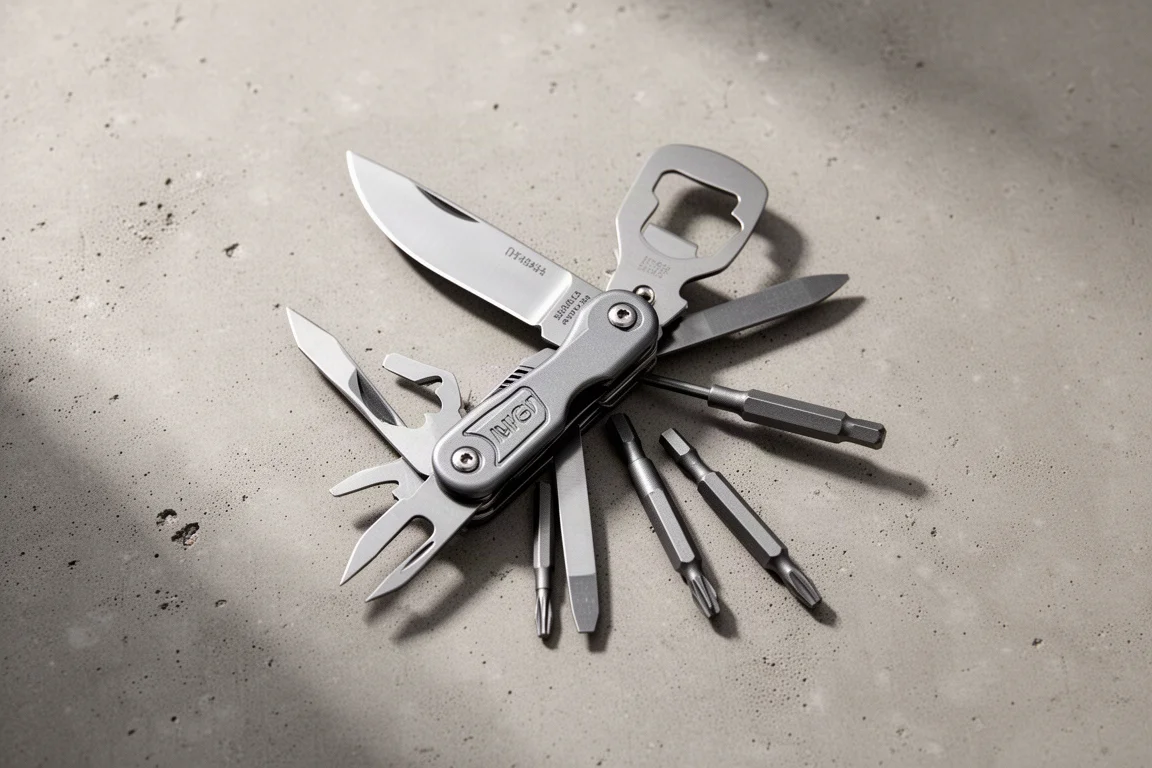Multi-outils fermé à côté de clés sur un bureau, format de poche