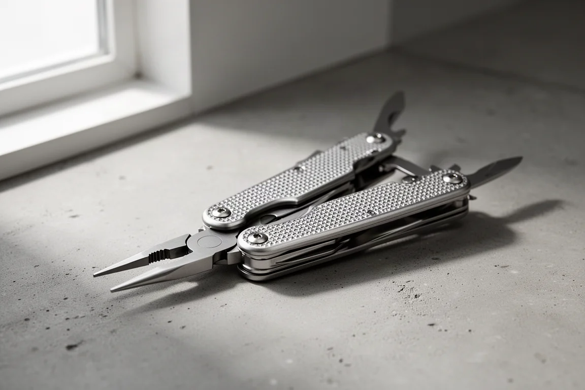Multi-tool pieghevole compatto con gusci in alluminio su una superficie di cemento