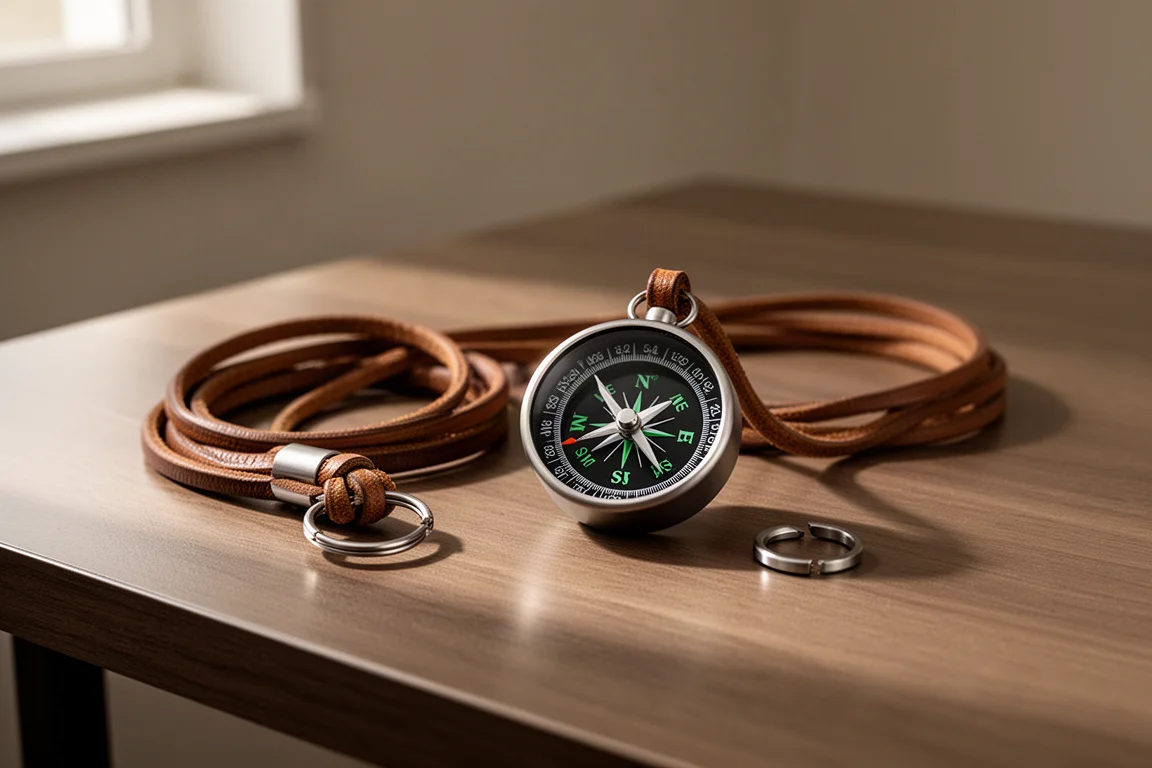 Titanium compass resting on a wooden desk beside a leather lanyard