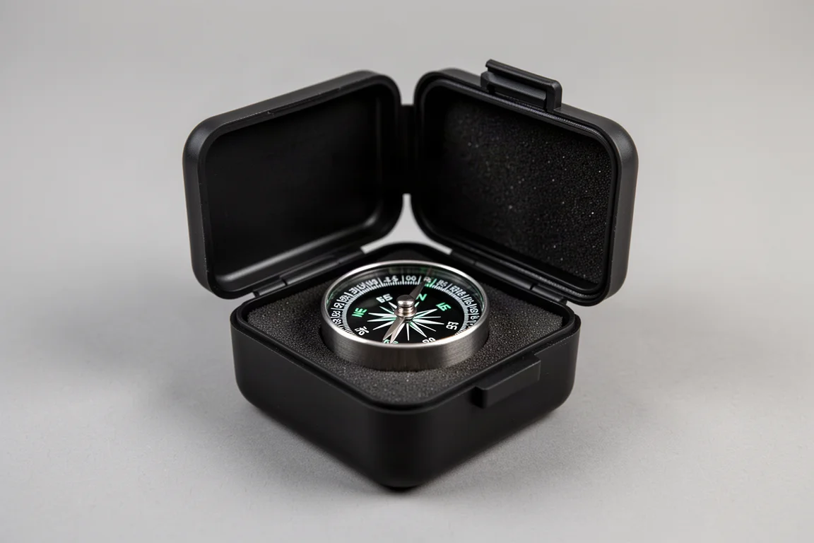 Compact titanium compass in a small watertight storage box