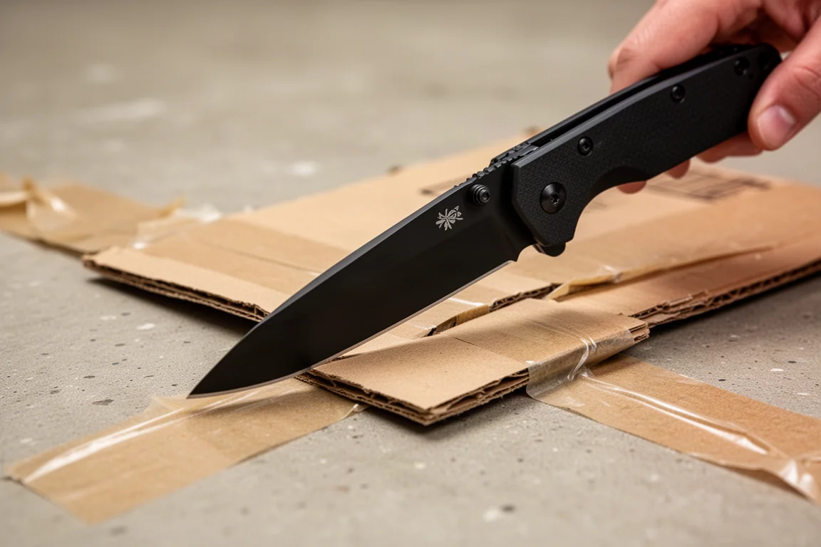 Klingenspitze eines Taschenmessers schneidet sauber durch Klebeband eines Kartons