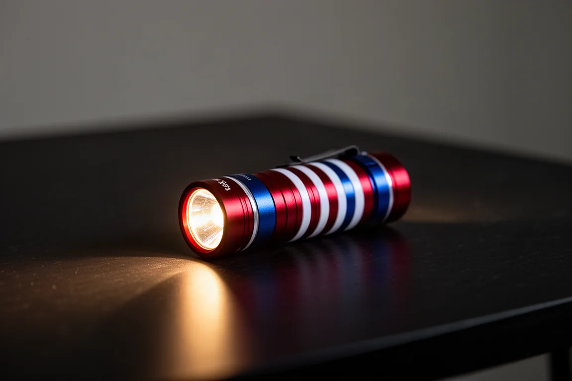 Kleine gestreifte Taschenlampe wirft nachts einen warmen Lichtkegel über einen Tisch