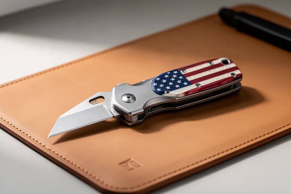 Titan-Utility-Tool mit gestreiften G10-Griffschalen auf einer Lederschreibunterlage