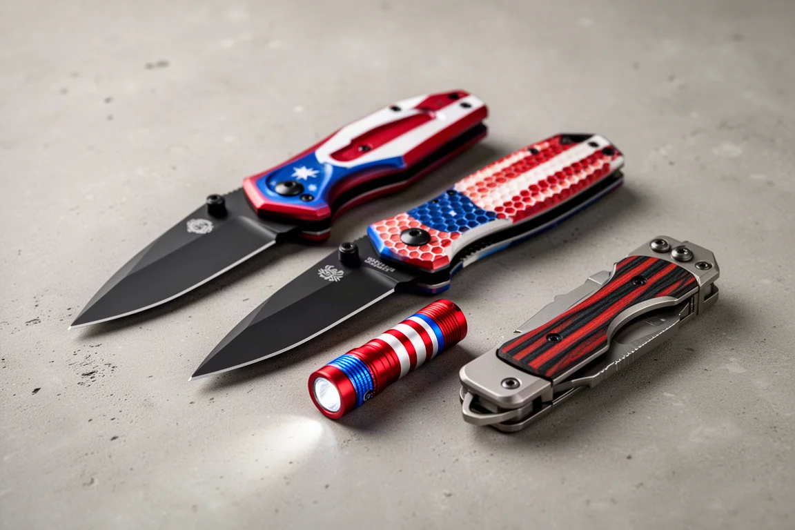 Four patriotic-themed Olight EDC tools arranged on a matte concrete surface