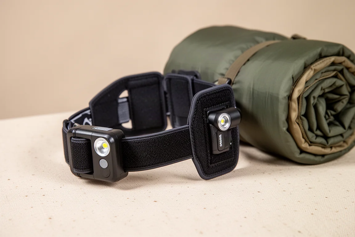 Stirnlampe in Verwendung beleuchtet nachts einen dunklen Campingtisch