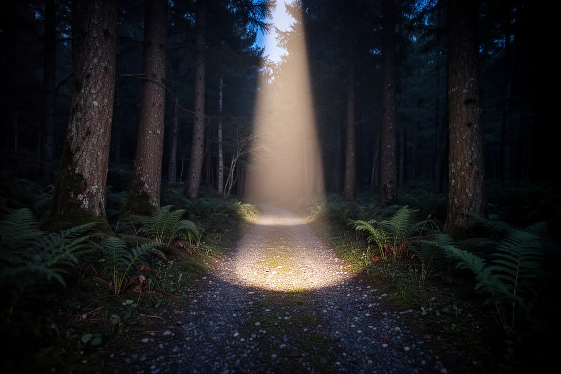 Lichtstrahl einer Stirnlampe, der nachts einen dunklen Waldweg überquert