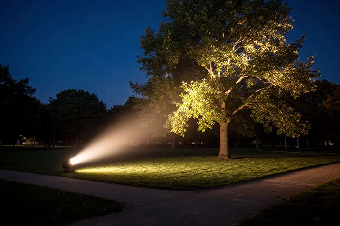 Lichtstrahl der Taschenlampe beleuchtet nachts Gras und einen Baum in einem Park