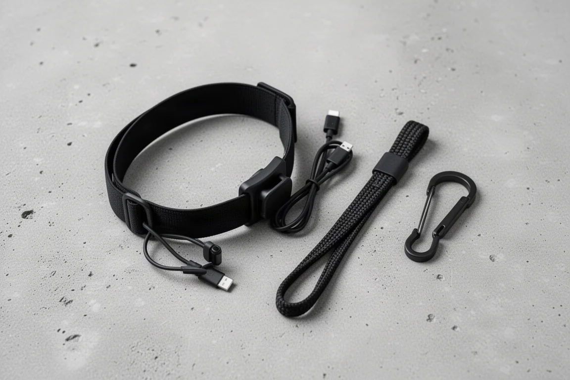Flache Anordnung von Stirnbandhalterung, Ladekabel, Trageschlaufe und Taschenclip auf Beton