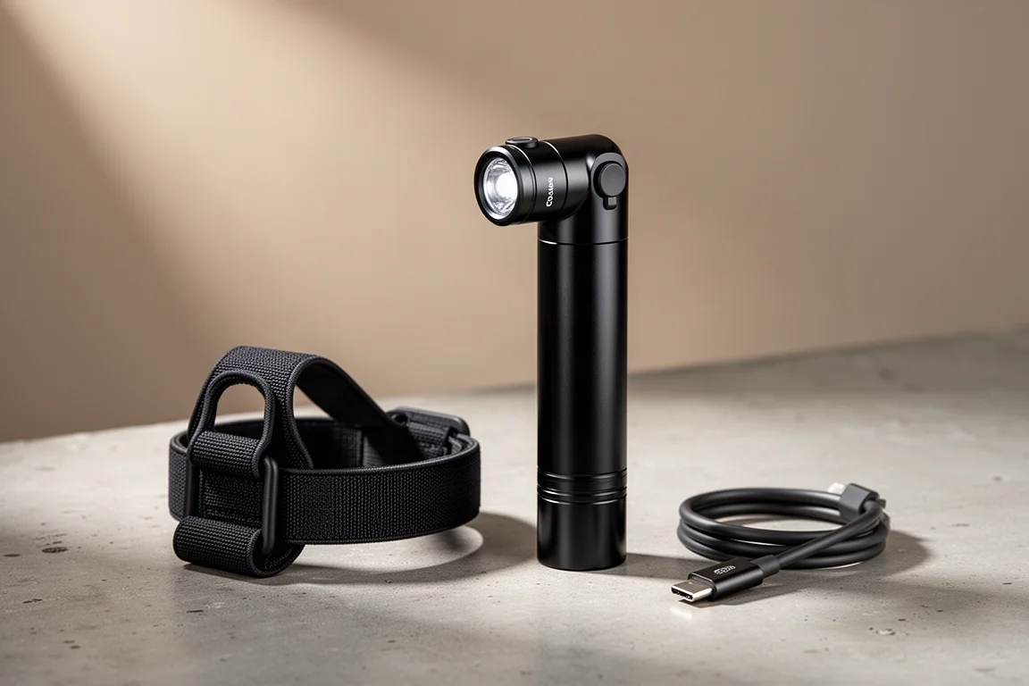 Black right-angle flashlight with headband cradle and magnetic charging cable on concrete