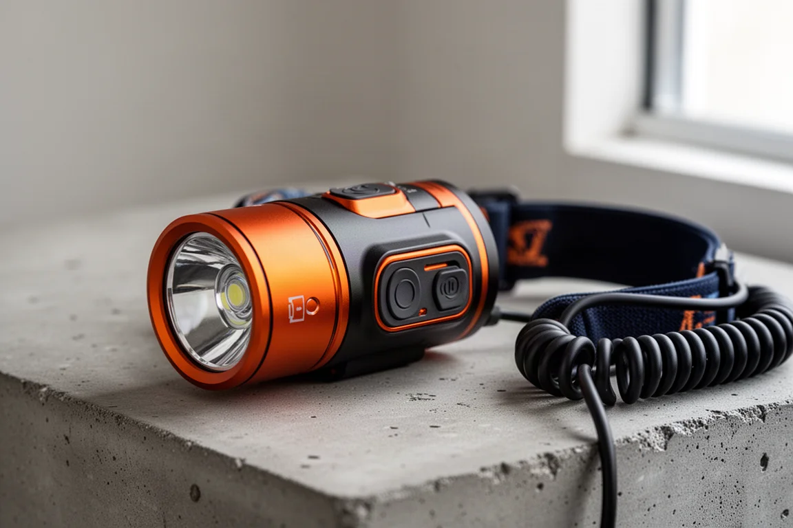 Unidade do headlamp inclinada para mostrar os controles laterais de pinçada no corpo da luz