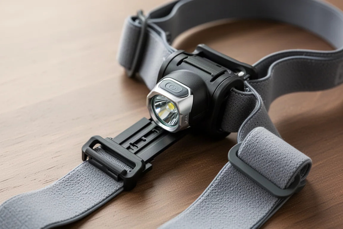 Headlamp preso ao clipe da faixa de cabeça sendo removido rapidamente