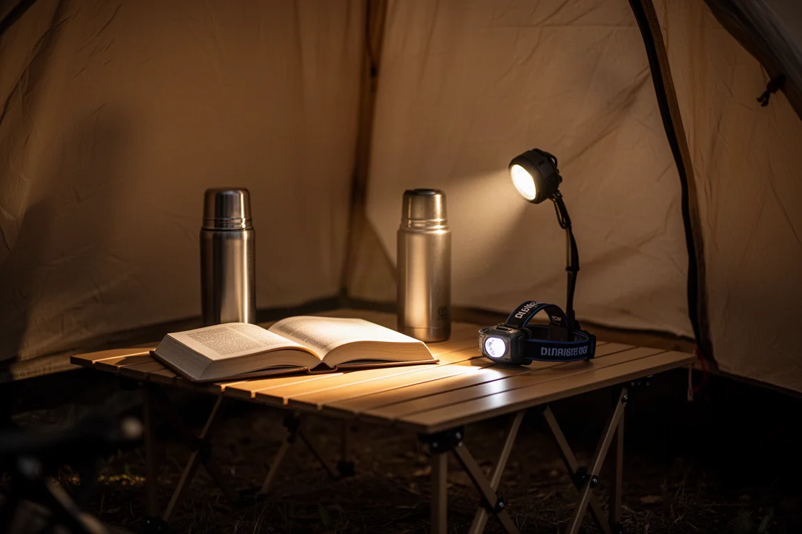 Cena de acampamento à noite iluminada com calor por um headlamp sobre a mesa da tenda