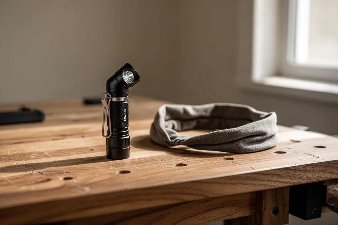 Compact EDC flashlight with angled head resting on a wooden workbench
