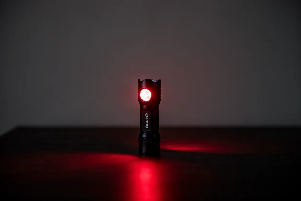 Flashlight casting a warm red glow across a dark surface at night