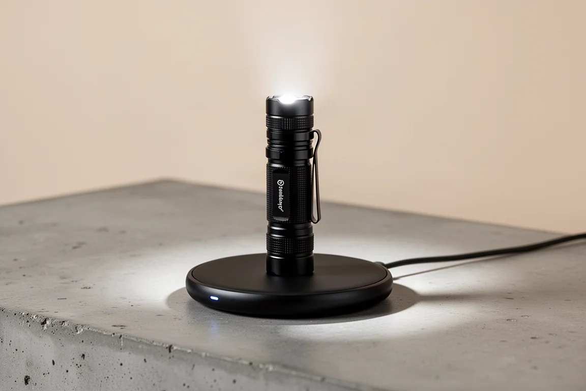 Flashlight charging on a wireless charging pad with a soft indicator glow