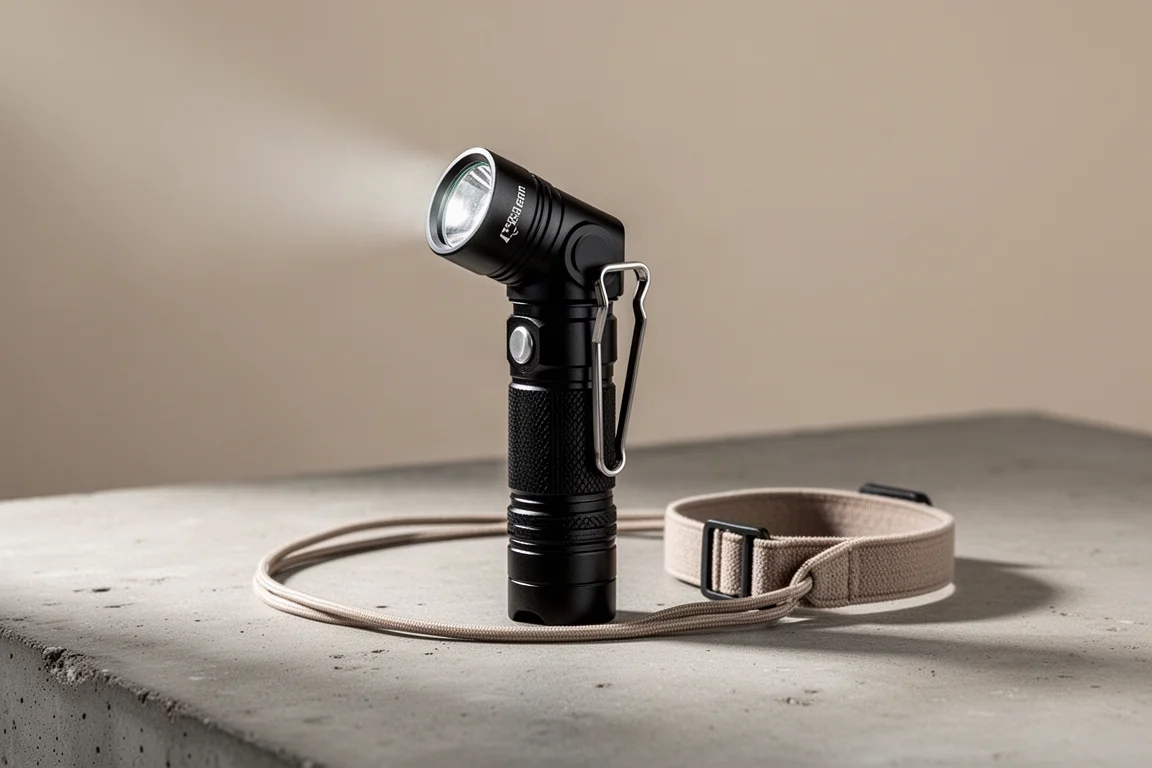 Torcia EDC nera compatta con clip da tasca e fascia per la testa su superficie in cemento
